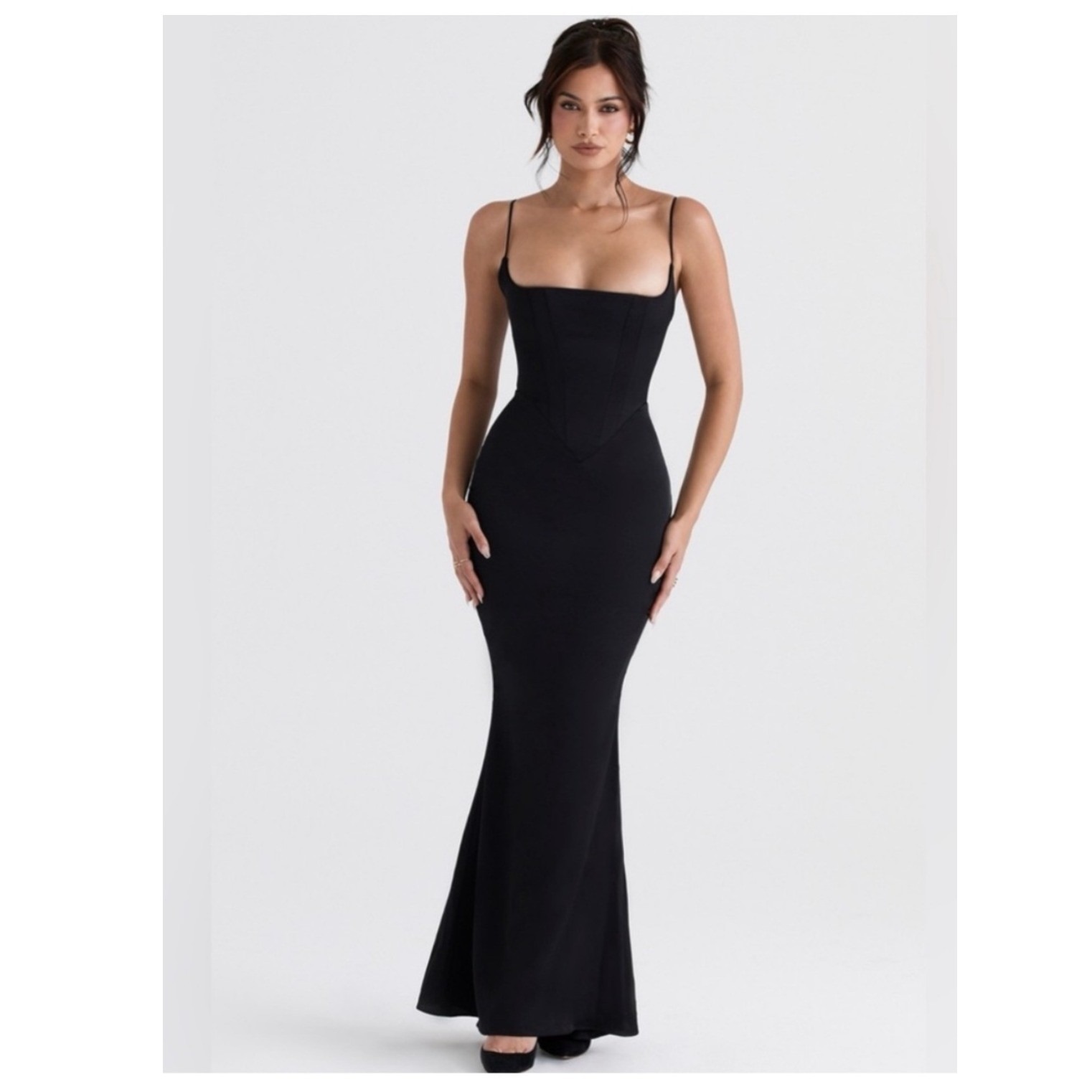 House Of Cb Olivette Black Satin Corset Maxi Dress Gown Large Formal Mermaid